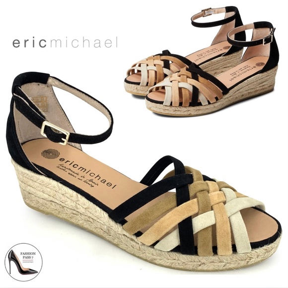 Eric Michael Colleen Black Tan White Suede Espadrille Sandals Multi Ankle Strap - Picture 1 of 9